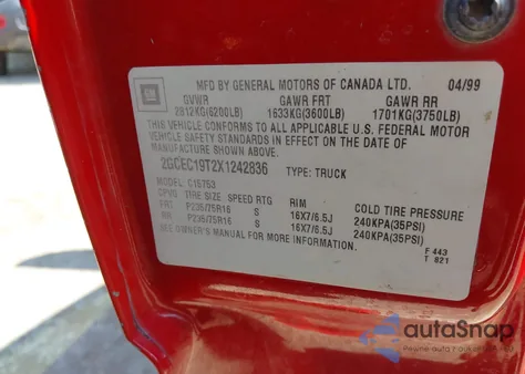 1999 Chevrolet Silverado 1500 Ls from USA, damaged, VIN 2GCEC19T2X1242836